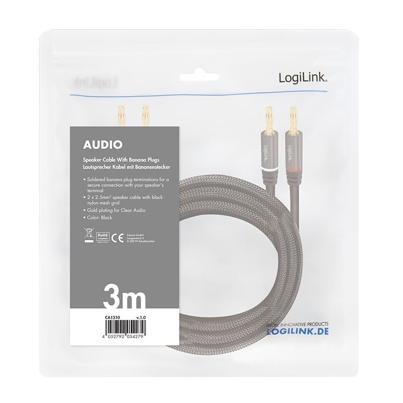 CABLU audio LOGILINK stereo (2 x 2.5 mm jack T/T), 3m, conectori auriti, negru "CA1210" — miniatură