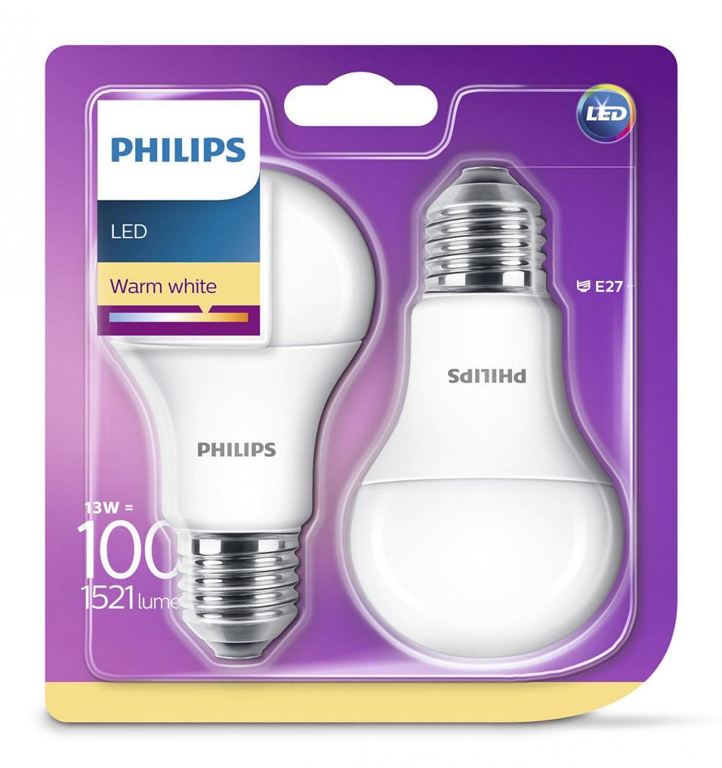 SET 2 becuri LED Philips, soclu E27, putere 13W, forma clasic, lumina alb calda, alimentare 220 - 240 V, "000008718696586099"
