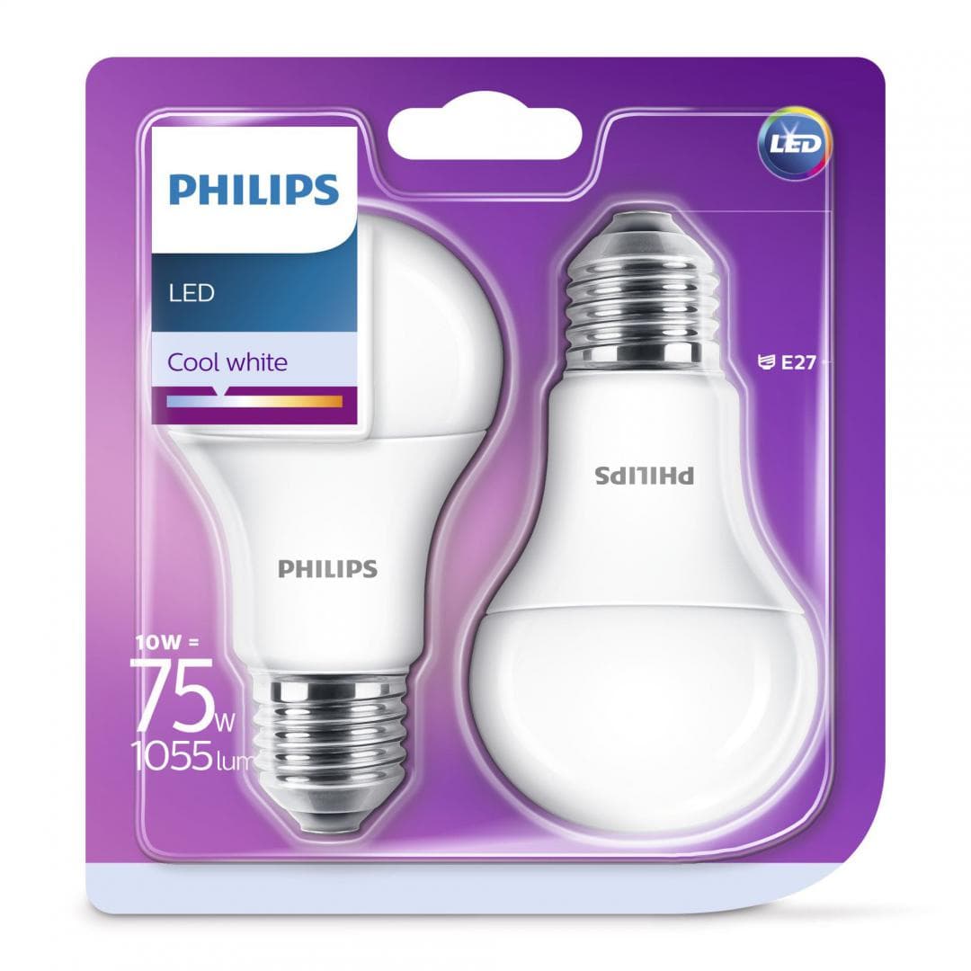 SET 2 becuri LED Philips, soclu E27, putere 10W, forma clasic, lumina alb, alimentare 220 - 240 V, "000008718696813751"