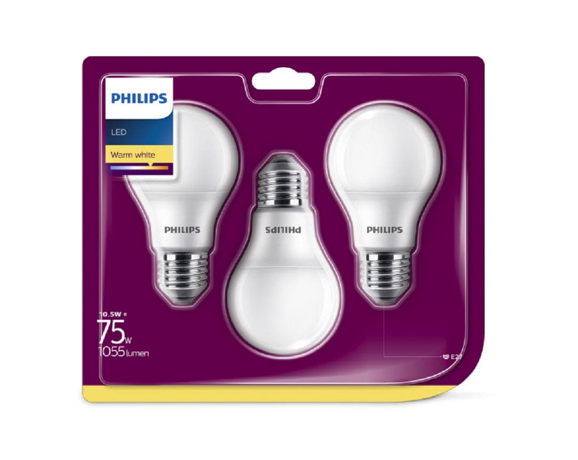 SET 3 becuri LED Philips, soclu E27, putere 10.5W, forma clasic, lumina alb calda, alimentare 220 - 240 V, "000008718699616045"