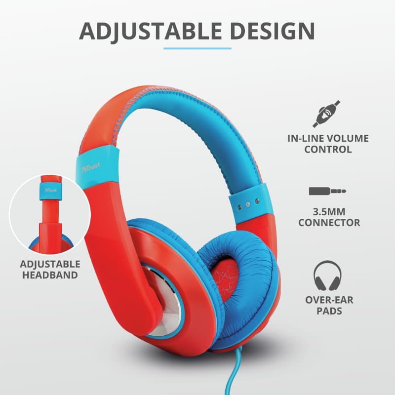 CASTI Trust, "Sonin Kids", cu fir, standard, utilizare multimedia, MP3, smartphone (doar audio), microfon nu, conectare prin Jack 3.5 mm, rosu / albastru, "TR-23585" — miniatură