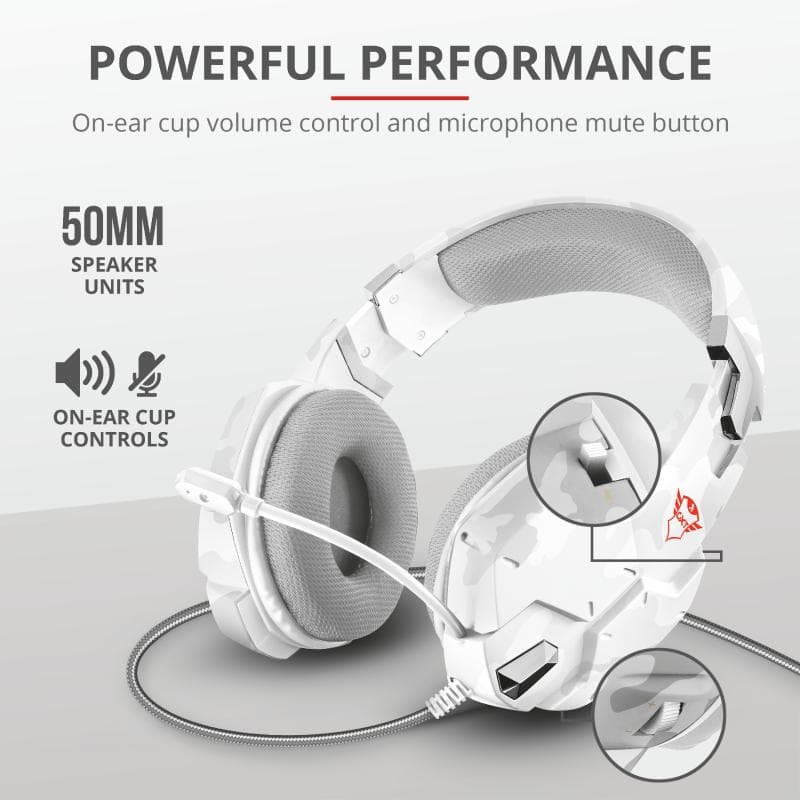 CASTI Trust, "GXT 322W Carus", cu fir, gaming, utilizare multimedia, smartphone, microfon pe brat, conectare prin Jack 3.5 mm, Jack 3.5 mm x 2, alb, "TR-20864" — miniatură