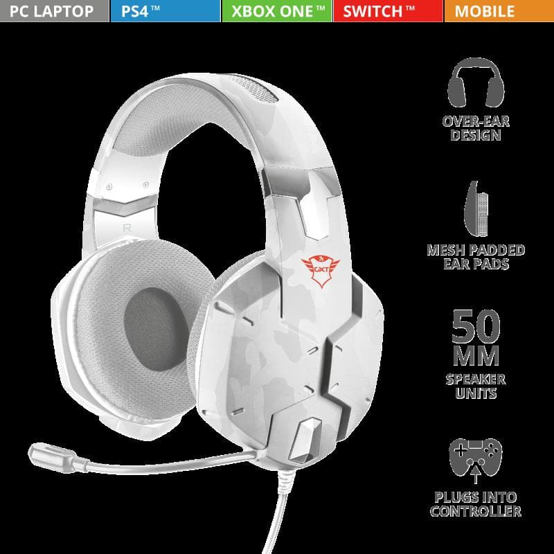 CASTI Trust, "GXT 322W Carus", cu fir, gaming, utilizare multimedia, smartphone, microfon pe brat, conectare prin Jack 3.5 mm, Jack 3.5 mm x 2, alb, "TR-20864" — miniatură
