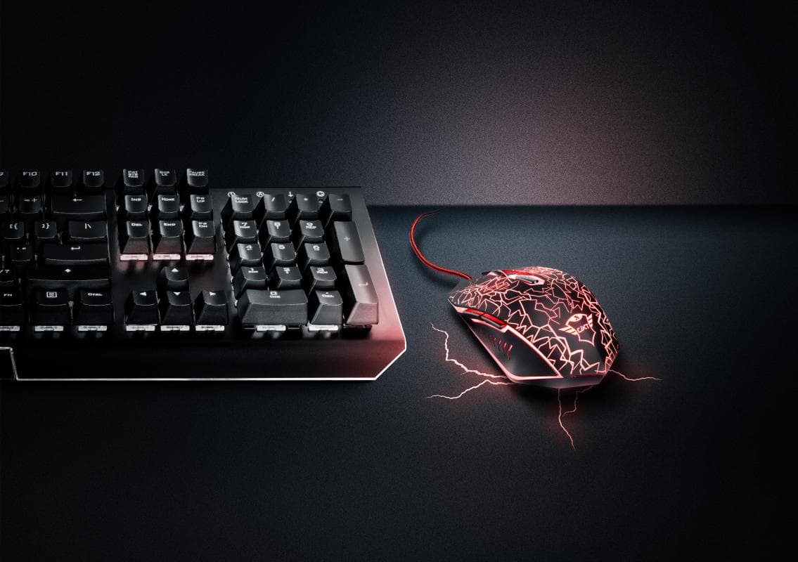 MOUSE TRUST, "GXT 105 Izza", gaming, cu fir, USB, optic, 2400 dpi, butoane/scroll 6/1, iluminare, buton selectare viteza, negru, "TR-21683" — miniatură
