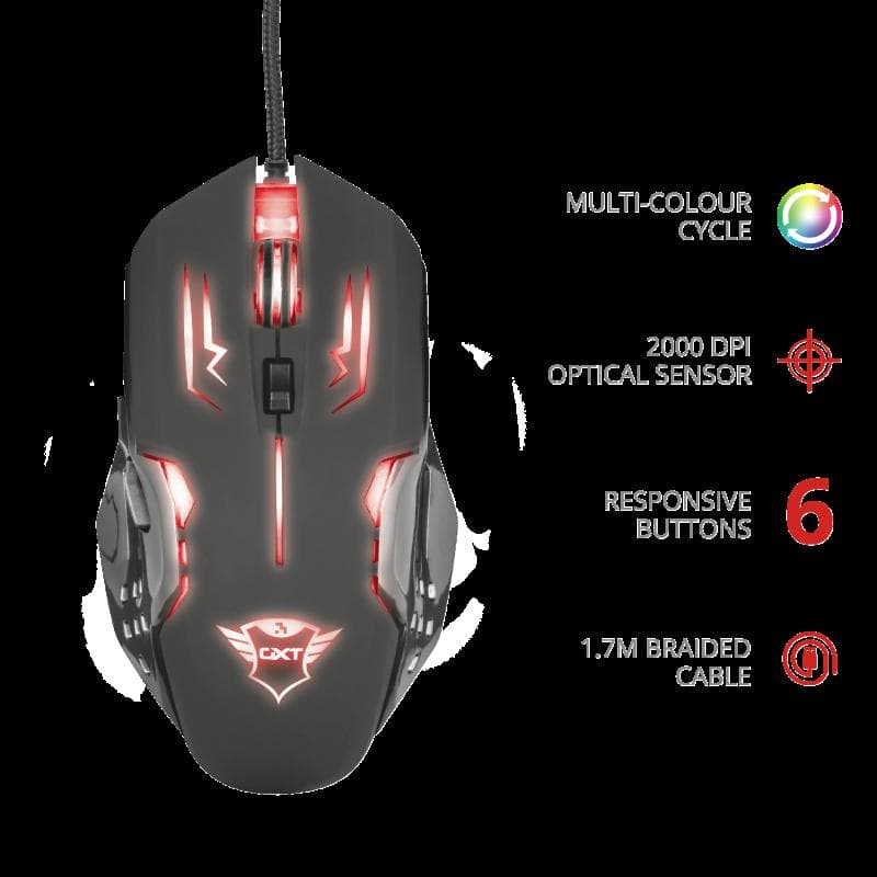 MOUSE TRUST, "GXT 108 Rava", gaming, cu fir, USB, optic, 2000 dpi, butoane/scroll 6/1, iluminare, buton selectare viteza, negru, "TR-22090"