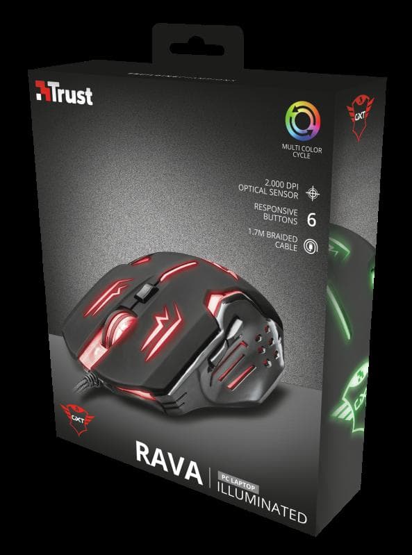 MOUSE TRUST, "GXT 108 Rava", gaming, cu fir, USB, optic, 2000 dpi, butoane/scroll 6/1, iluminare, buton selectare viteza, negru, "TR-22090" — miniatură