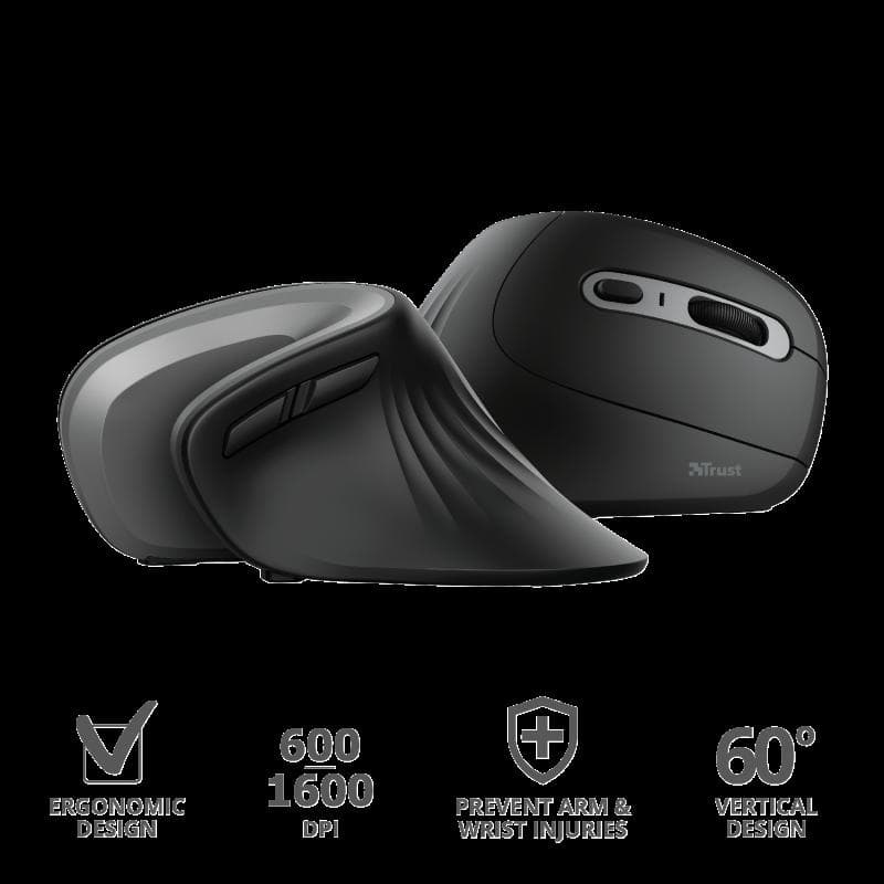 MOUSE TRUST, "Verro Ergonomic", PC sau NB, wireless, 2.4GHz, optic, 1600 dpi, butoane/scroll 6/1, buton selectare viteza, negru, "TR-23507" — miniatură
