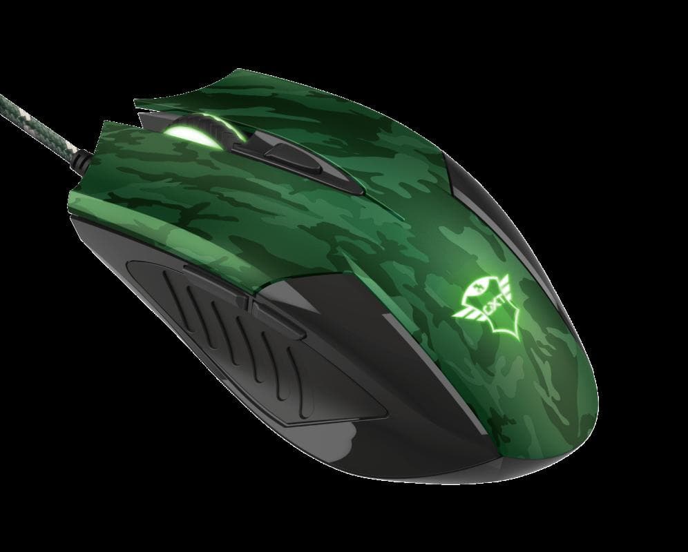 MOUSE TRUST, "GXT 781 Rixa Camo", gaming, cu fir, USB, optic, 3200 dpi, butoane/scroll 5/1, iluminare, butoane programabile, pad inclus, negru / verde, "TR-23611"