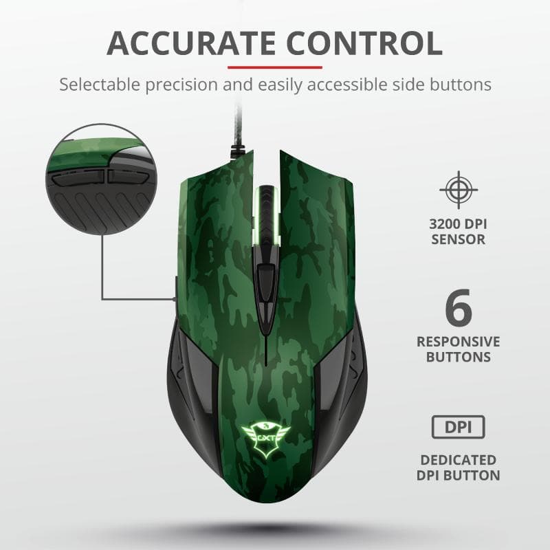 MOUSE TRUST, "GXT 781 Rixa Camo", gaming, cu fir, USB, optic, 3200 dpi, butoane/scroll 5/1, iluminare, butoane programabile, pad inclus, negru / verde, "TR-23611" — miniatură