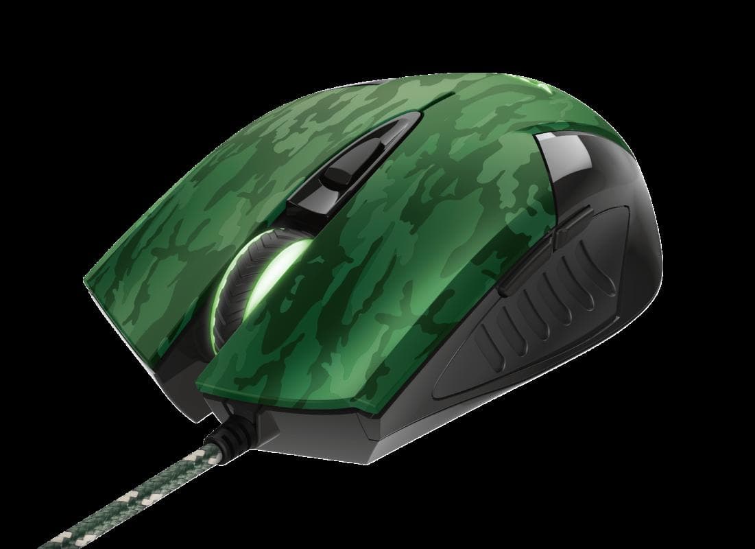 MOUSE TRUST, "GXT 781 Rixa Camo", gaming, cu fir, USB, optic, 3200 dpi, butoane/scroll 5/1, iluminare, butoane programabile, pad inclus, negru / verde, "TR-23611" — miniatură