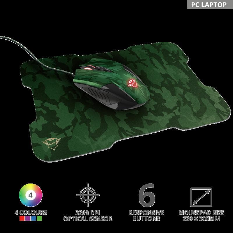 MOUSE TRUST, "GXT 781 Rixa Camo", gaming, cu fir, USB, optic, 3200 dpi, butoane/scroll 5/1, iluminare, butoane programabile, pad inclus, negru / verde, "TR-23611" — miniatură