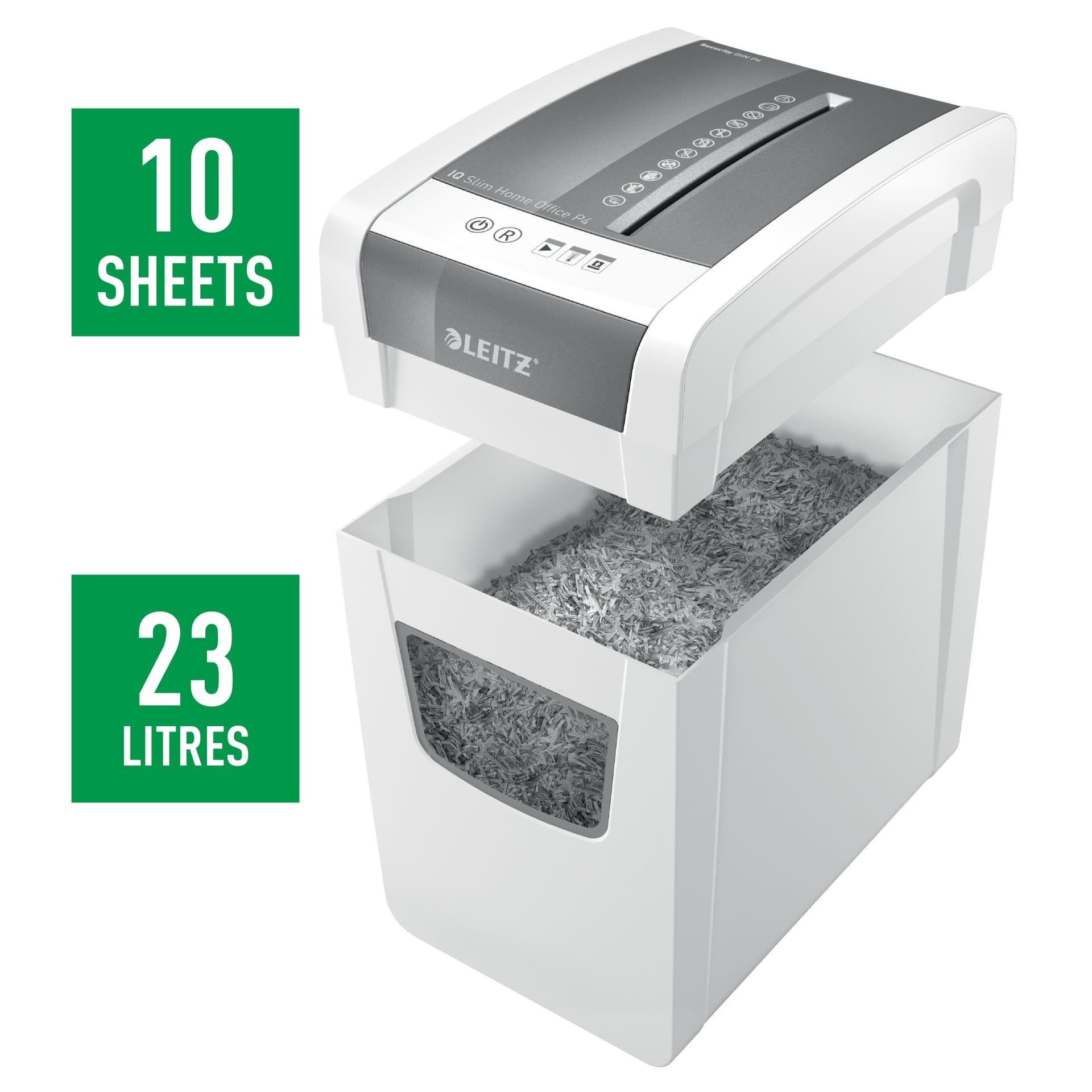 Distrugator manual documente Leitz IQ Home Office Slim, 10 coli, P4, cross-cut (tip confeti), cos 23 coli, alb, Leitz "80010000" — miniatură