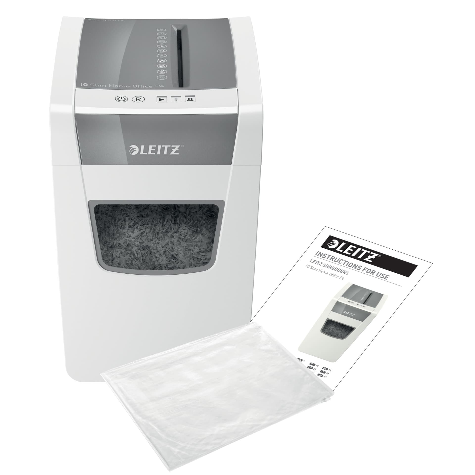 Distrugator manual documente Leitz IQ Home Office Slim, 10 coli, P4, cross-cut (tip confeti), cos 23 coli, alb, Leitz "80010000" — miniatură