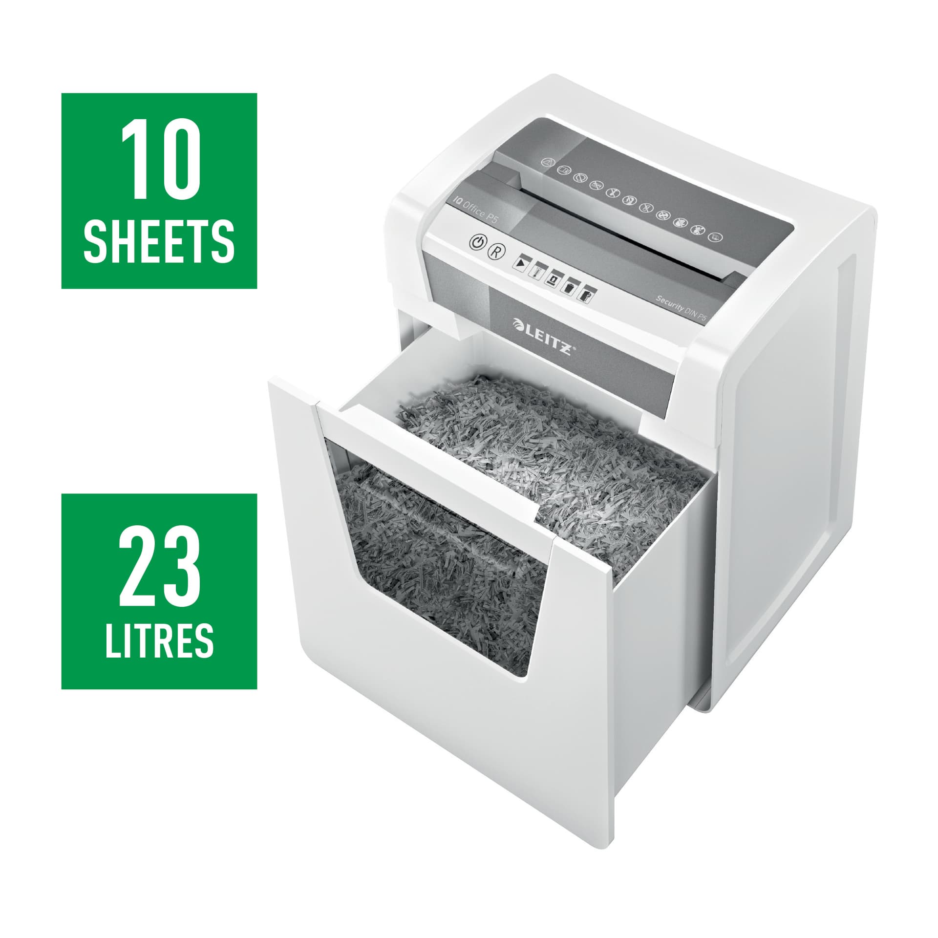 Distrugator manual documente Leitz IQ Office, 10 coli, P5, micro-cut (tip particule), cos 23 coli, alb, Leitz "80020000" — miniatură