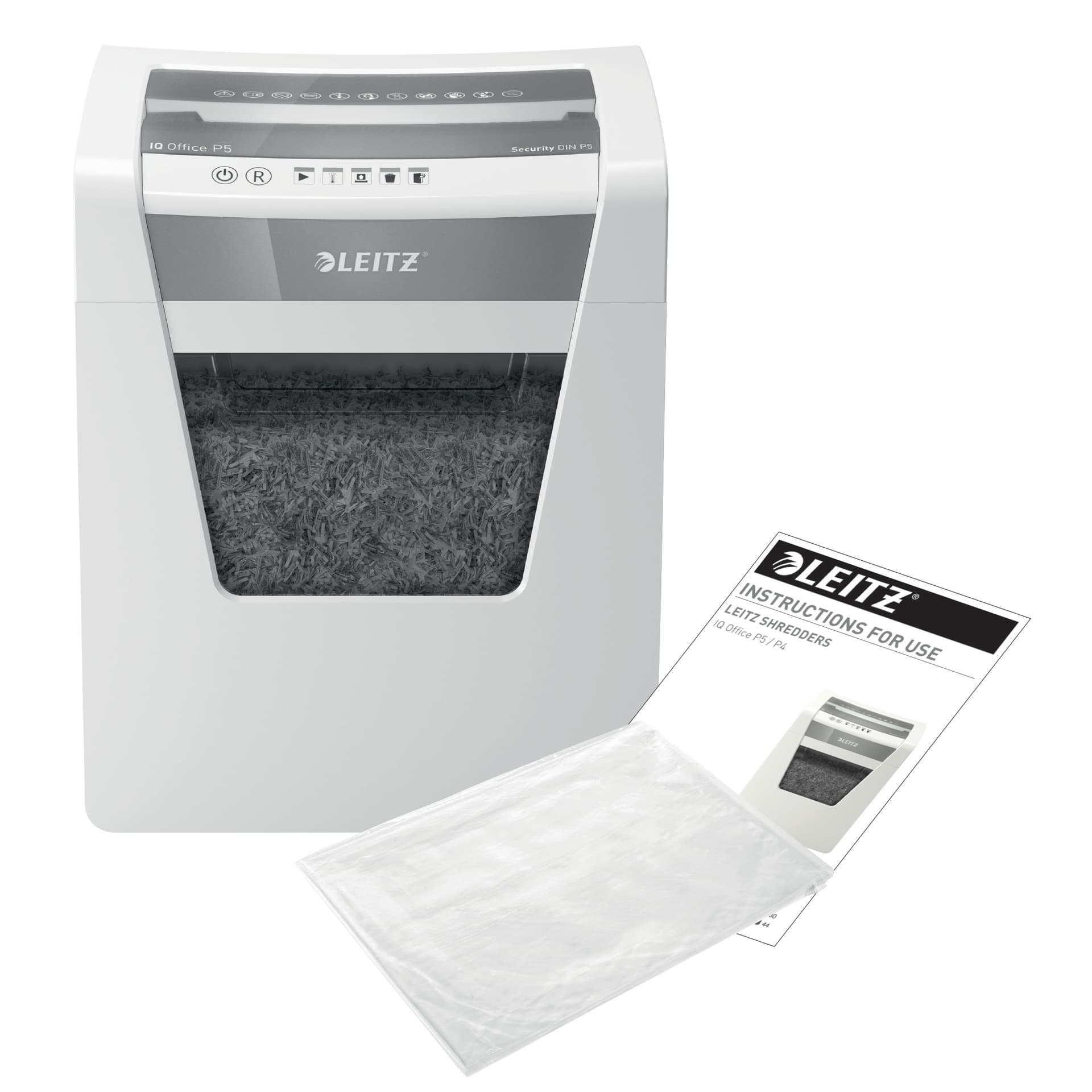 Distrugator manual documente Leitz IQ Office, 10 coli, P5, micro-cut (tip particule), cos 23 coli, alb, Leitz "80020000" — miniatură