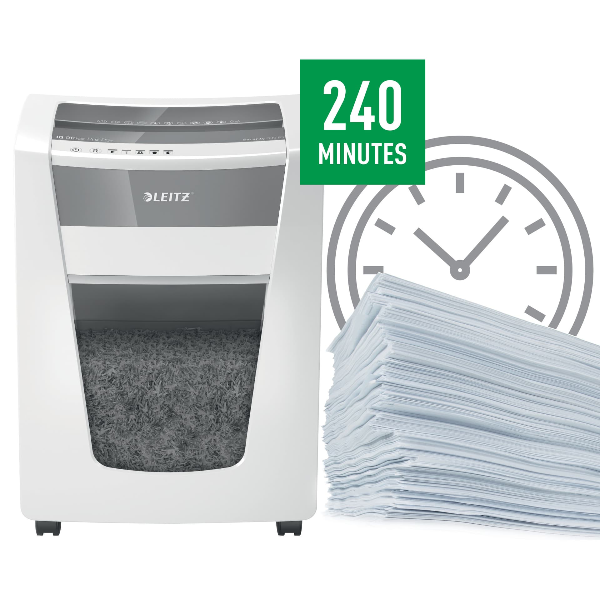 Distrugator manual documente Leitz IQ Office Pro, 7 coli, P5+, micro-cut (tip particulei), cos 30 coli, alb, Leitz "80040000" — miniatură