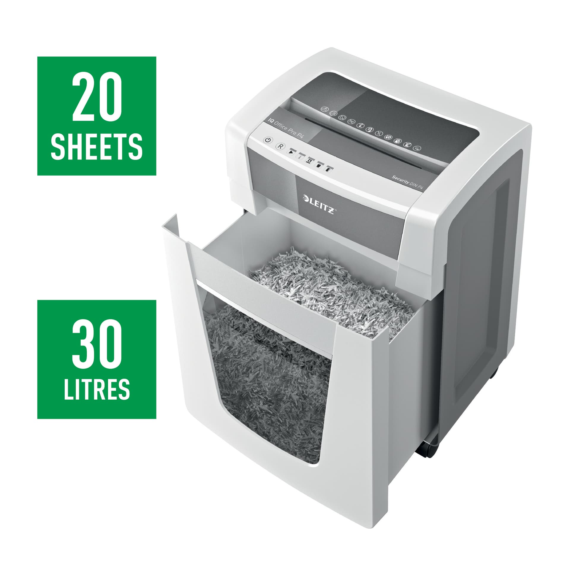 Distrugator manual documente Leitz IQ Office Pro, 20 coli, P4, cross-cut (tip confeti), cos 30 coli, alb, Leitz "80060000" — miniatură