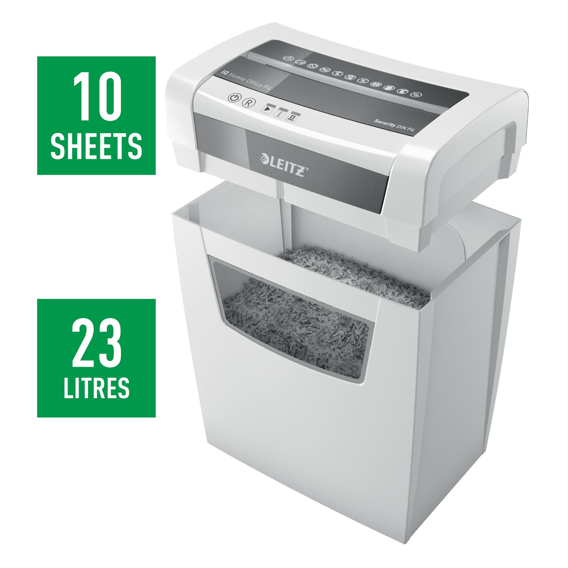 Distrugator manual documente Leitz IQ Home Office, 10 coli, P4, cross-cut (tip confeti), cos 23 coli, alb, Leitz "80090000" — miniatură