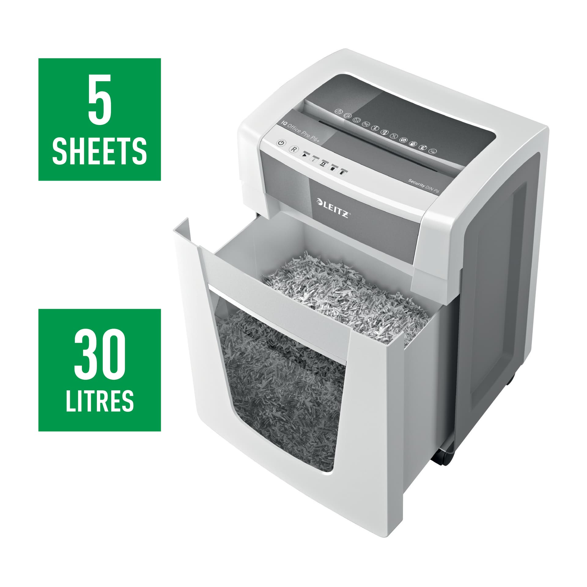 Distrugator manual documente Leitz IQ Office Pro, 5 coli, P6+, micro-cut (tip particulei), cos 30 coli, alb, Leitz "80100000" — miniatură
