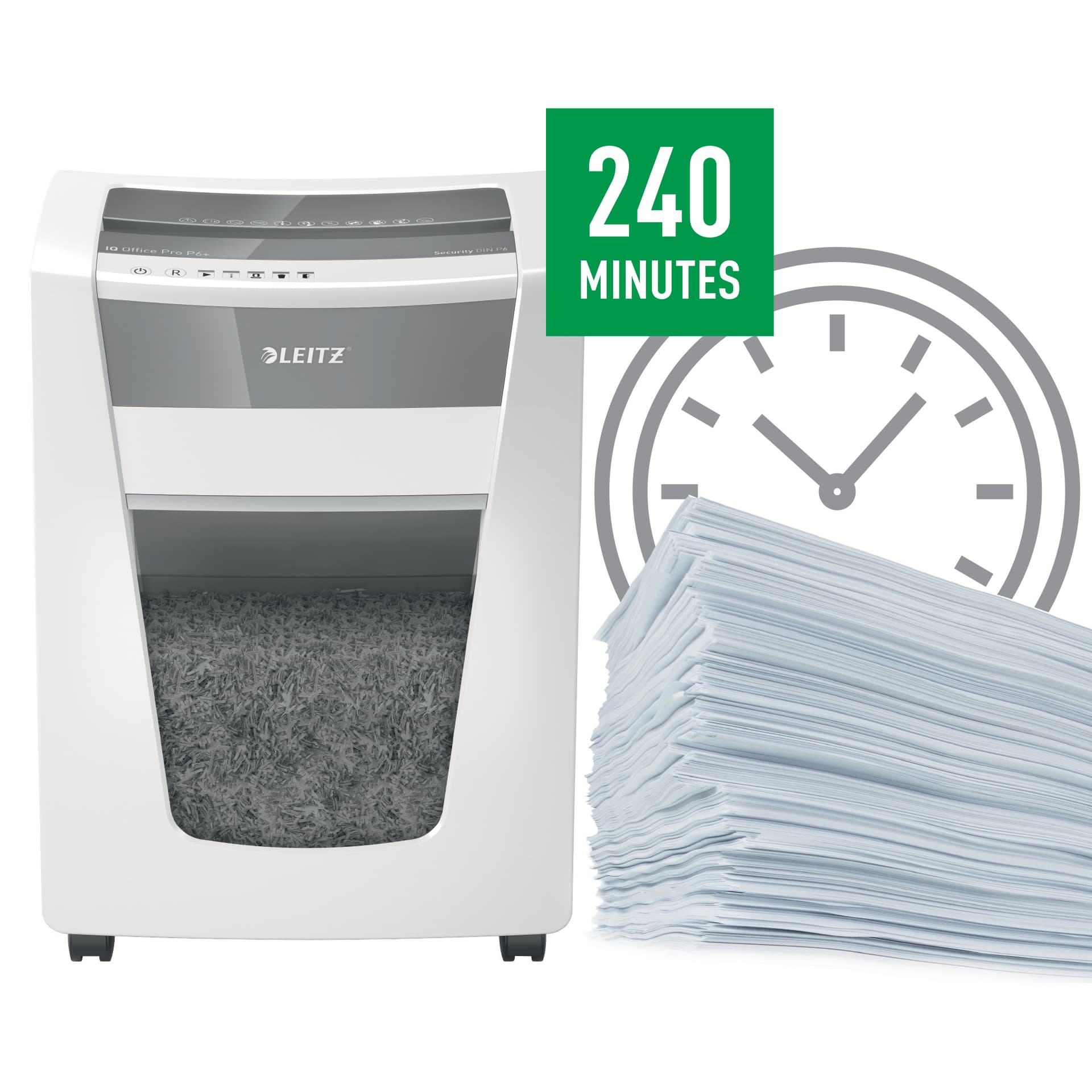 Distrugator manual documente Leitz IQ Office Pro, 5 coli, P6+, micro-cut (tip particulei), cos 30 coli, alb, Leitz "80100000" — miniatură