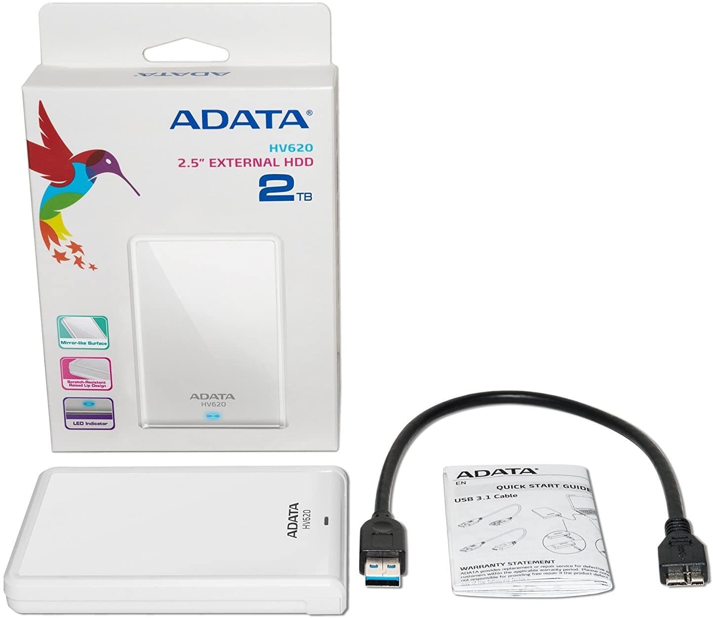 HDD extern ADATA 2 TB, HV620, 2.5 inch, USB 3.0, alb, "AHV620-2TU3-CWH" — miniatură