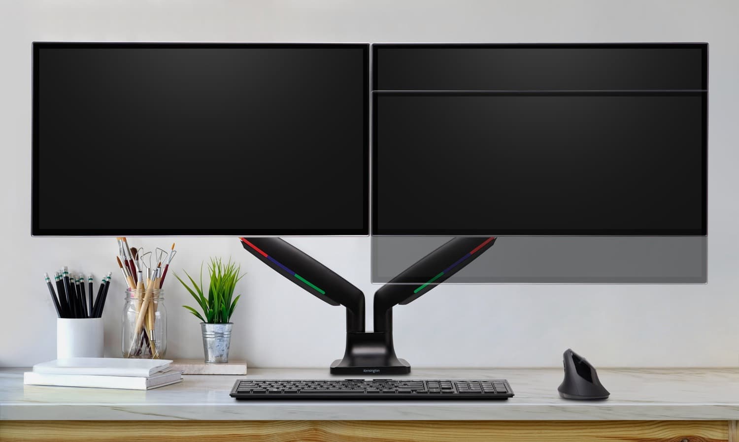 SUPORT de birou KENSINGTON, pt 2 TV/monitor plat, curbat, diag. max 34 inch, rotatie, inclinare, pivotare, orizontala, verticala, totala, max 9 Kg, "K59601WW" — miniatură