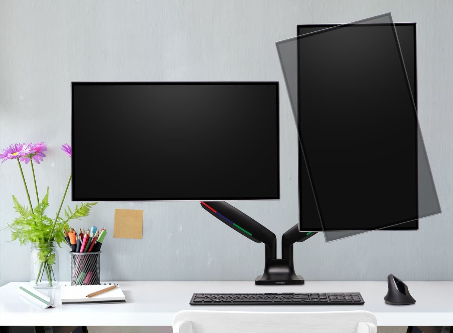SUPORT de birou KENSINGTON, pt 2 TV/monitor plat, curbat, diag. max 34 inch, rotatie, inclinare, pivotare, orizontala, verticala, totala, max 9 Kg, "K59601WW" — miniatură