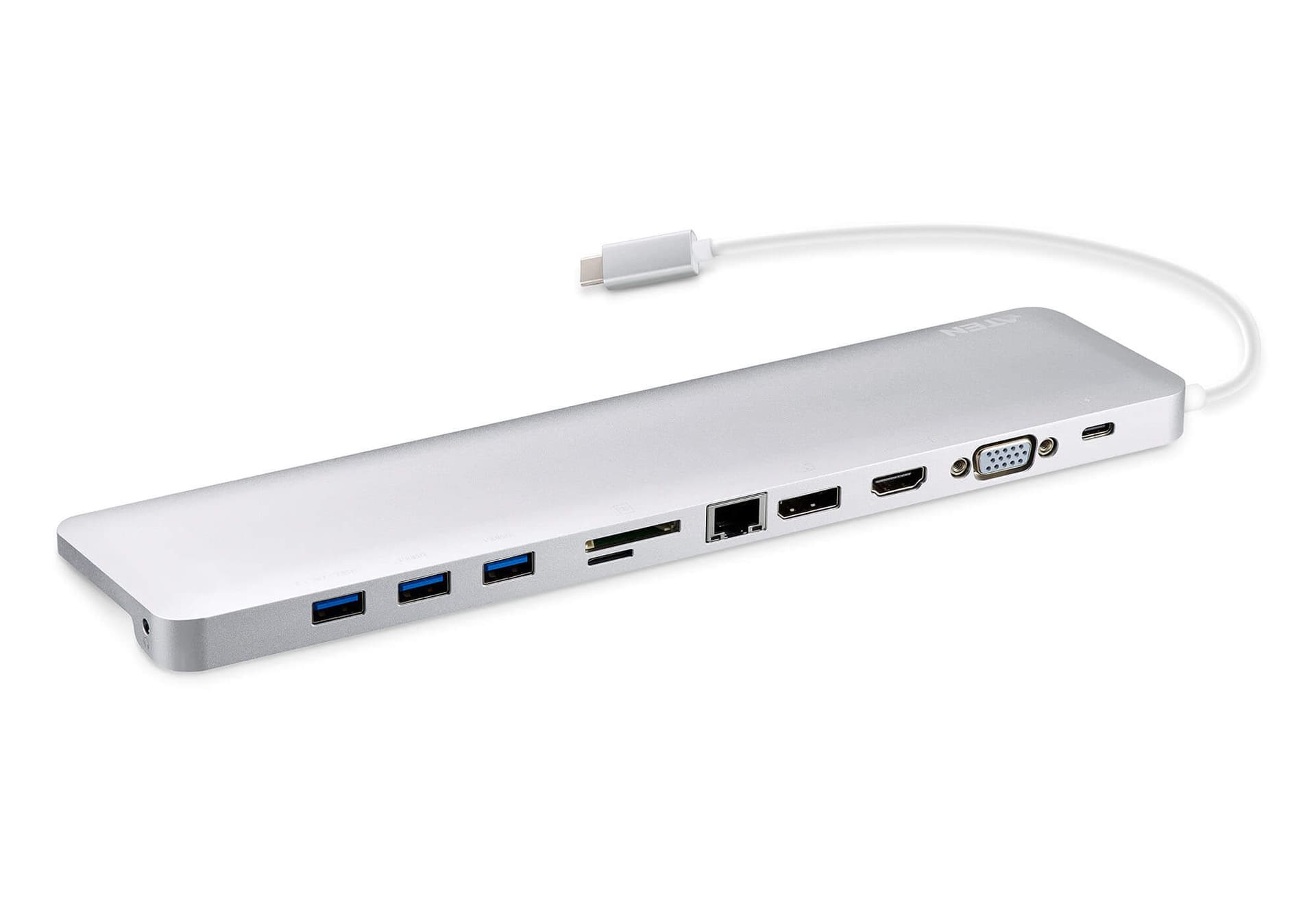 DOCKING Station ATEN universal, conectare PC USB Type C, USB 3.1 x 3, porturi video VGA x 1, Display Port x 1, HDMI x 1, RJ-45, NB 60 W, argintiu, "UH3234-AT" — miniatură