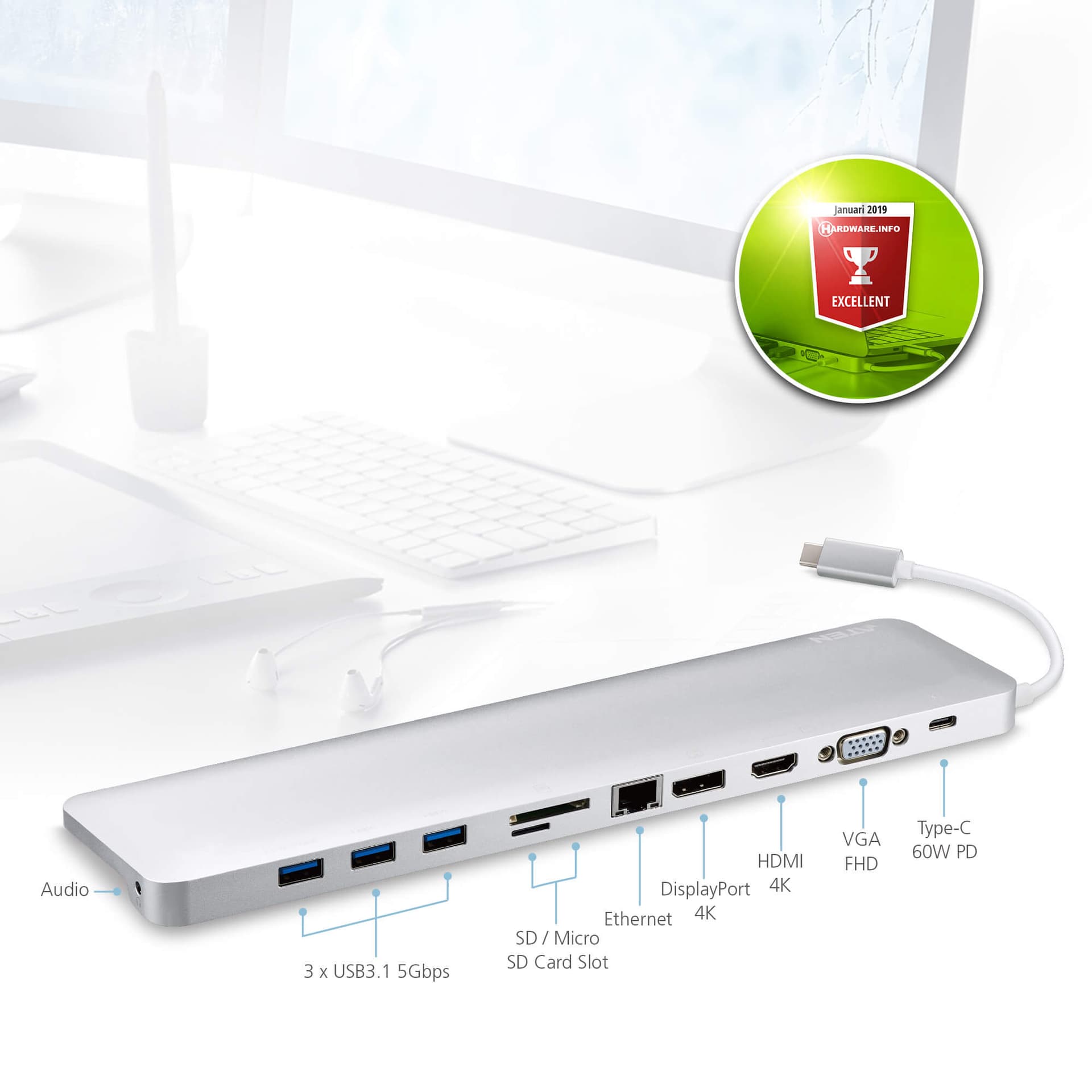 DOCKING Station ATEN universal, conectare PC USB Type C, USB 3.1 x 3, porturi video VGA x 1, Display Port x 1, HDMI x 1, RJ-45, NB 60 W, argintiu, "UH3234-AT" — miniatură