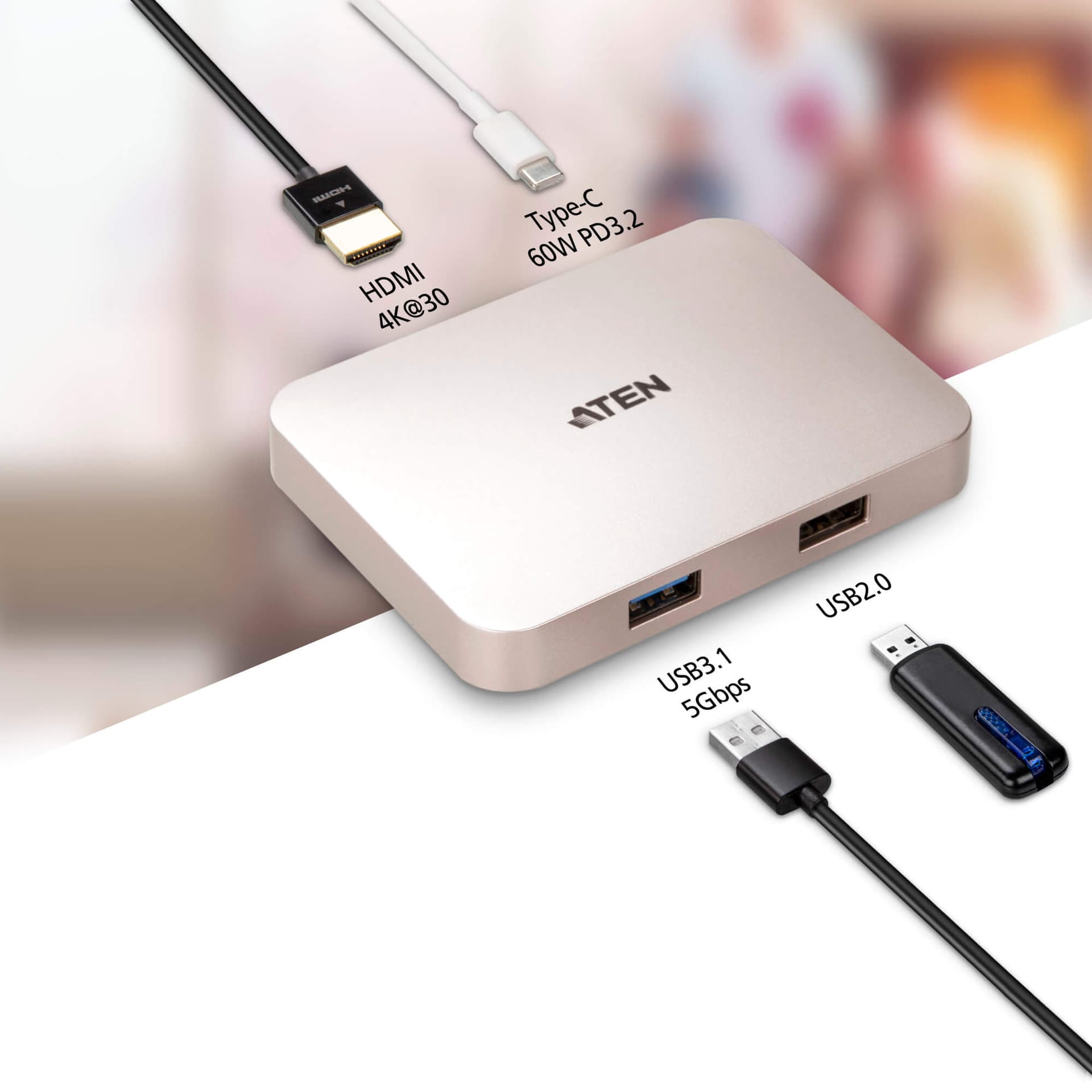 DOCKING Station ATEN universal, conectare PC USB Type C, USB 2.0 x 1, USB 3.1 x 1, porturi video HDMI x 1, fara port retea, NB 60 W, gri, "UH3235-AT" — miniatură