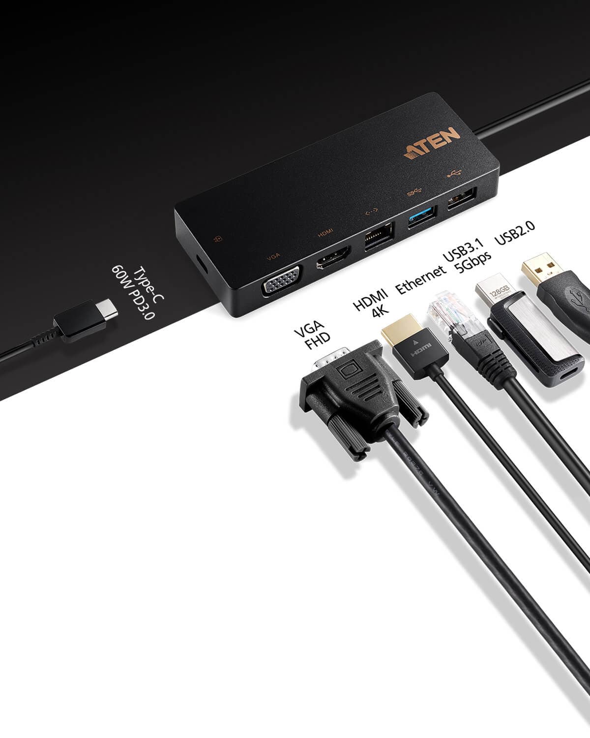 DOCKING Station ATEN universal, conectare PC USB Type C, USB 2.0 x 1, USB 3.1 x 1, porturi video VGA x 1, HDMI x 1, RJ-45, NB 60 W, negru, "UH3236-AT" — miniatură
