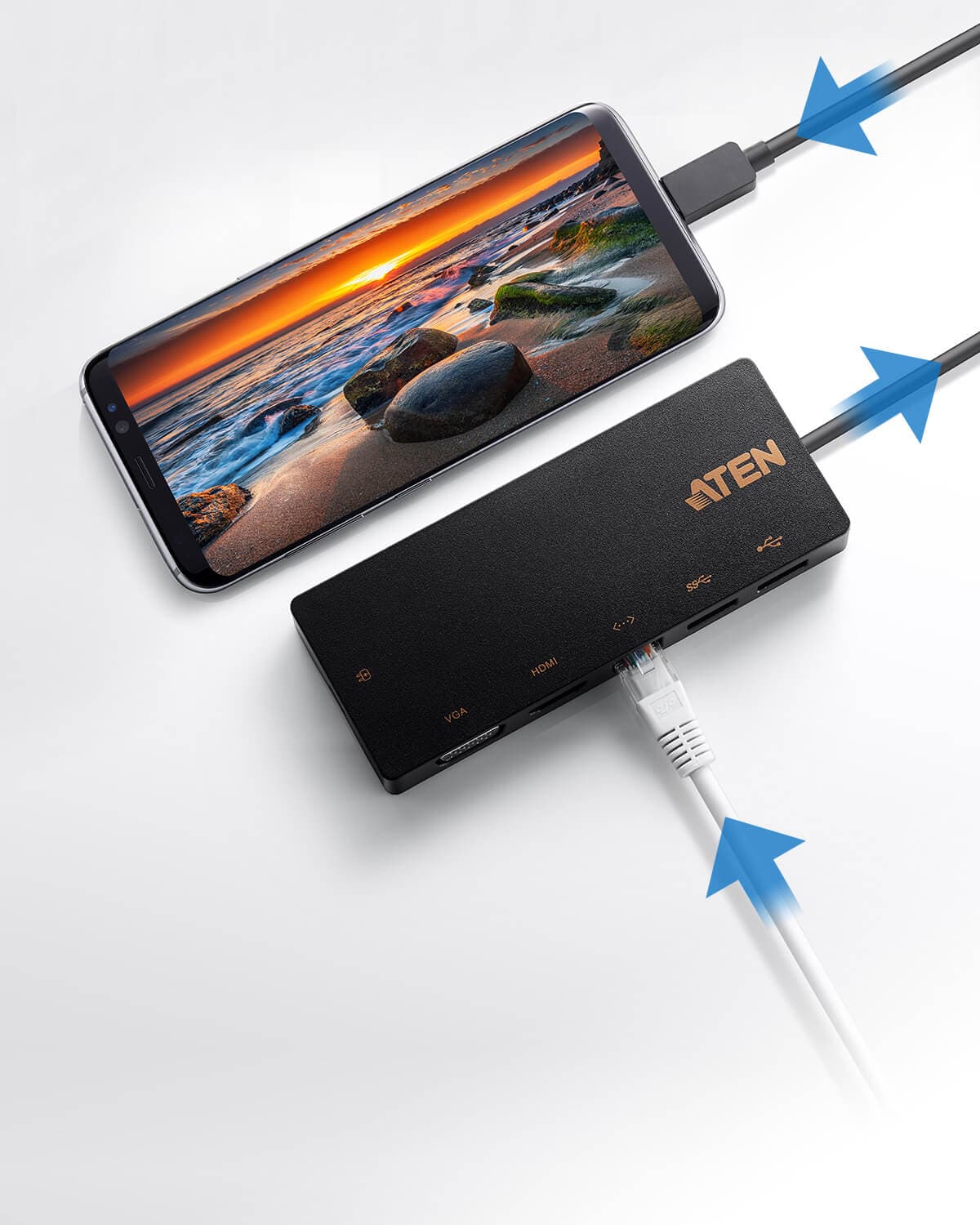 DOCKING Station ATEN universal, conectare PC USB Type C, USB 2.0 x 1, USB 3.1 x 1, porturi video VGA x 1, HDMI x 1, RJ-45, NB 60 W, negru, "UH3236-AT" — miniatură