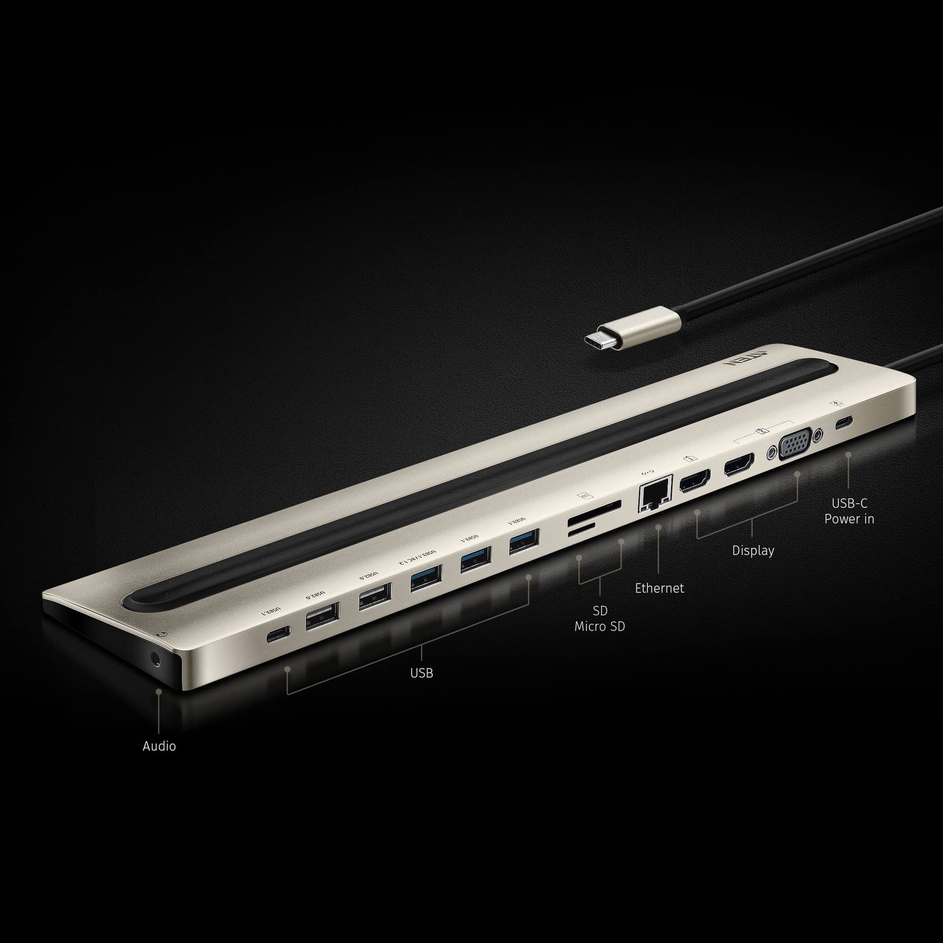 DOCKING Station ATEN universal, conectare PC USB Type C, USB 2.0 x 2, USB 3.1 x 3, USB Type C x 1, porturi video VGA x 1, HDMI x 2, RJ-45, NB 85 W, gri, "UH3237-AT" — miniatură