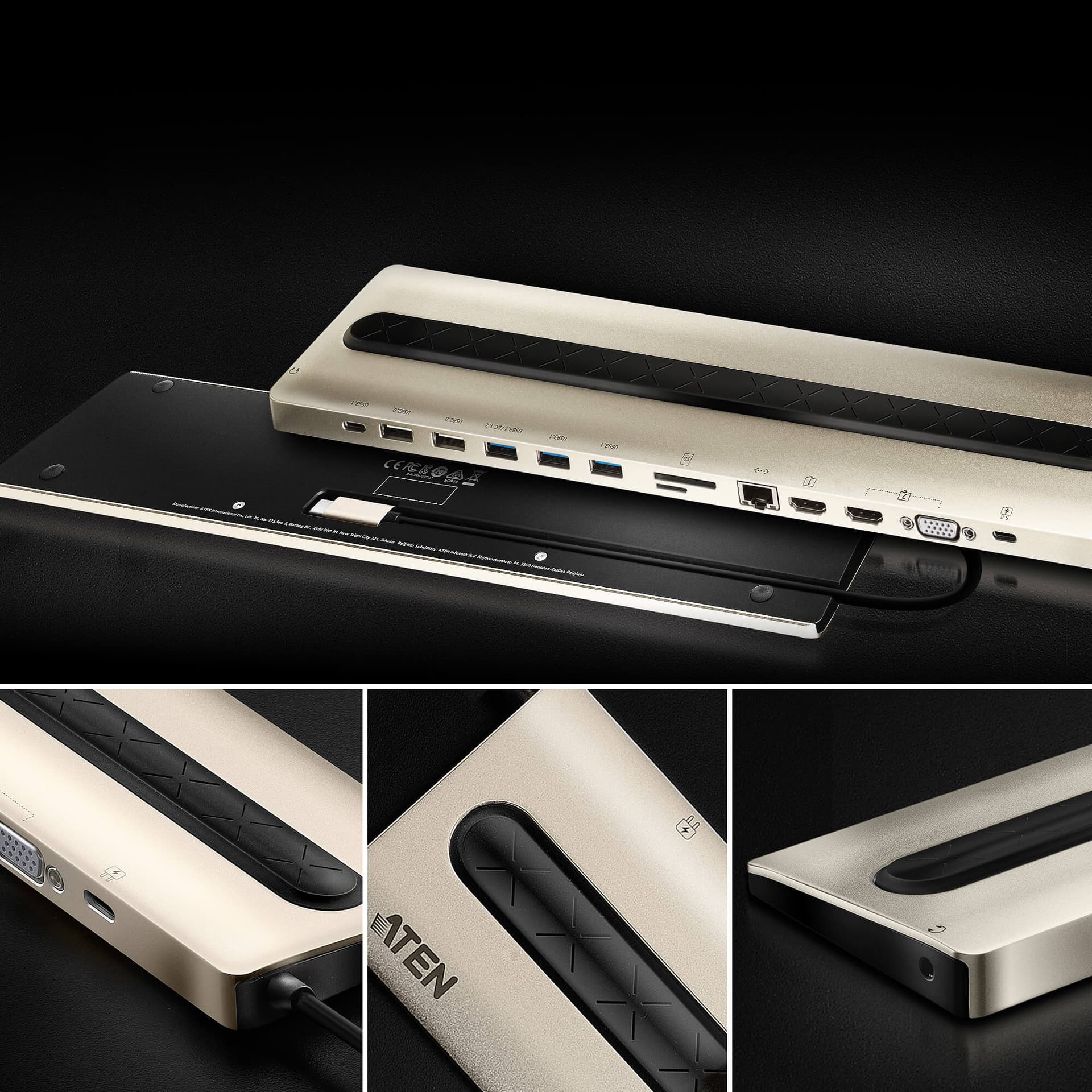 DOCKING Station ATEN universal, conectare PC USB Type C, USB 2.0 x 2, USB 3.1 x 3, USB Type C x 1, porturi video VGA x 1, HDMI x 2, RJ-45, NB 85 W, gri, "UH3237-AT" — miniatură