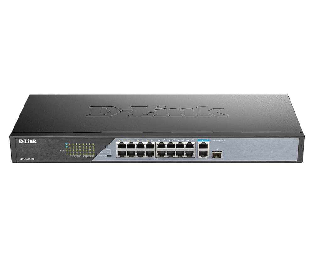 SWITCH PoE D-LINK Unmanaged 16 porturi 10/100Mbps (8 PoE) + 1 x Gigabit Uplink + 1 x SFP, carcasa metalica, "DSS-100E-18P"