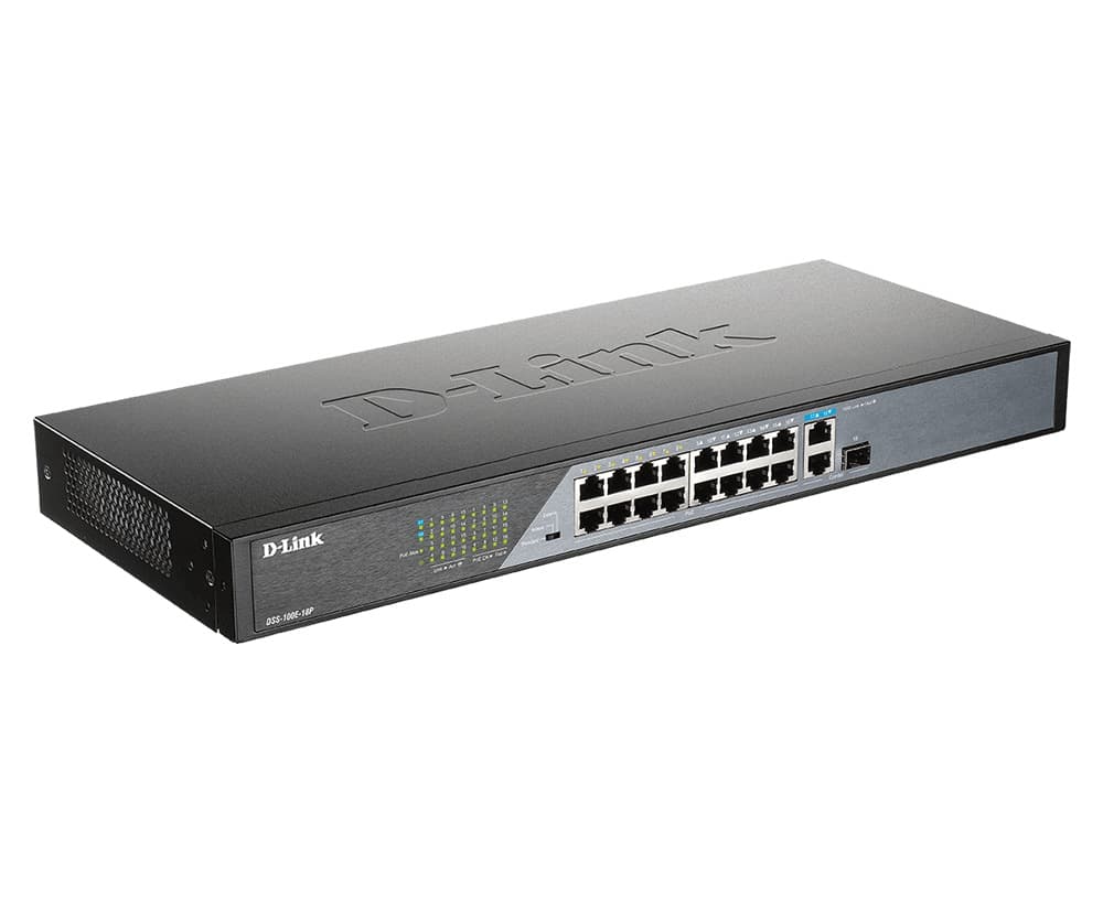 SWITCH PoE D-LINK Unmanaged 16 porturi 10/100Mbps (8 PoE) + 1 x Gigabit Uplink + 1 x SFP, carcasa metalica, "DSS-100E-18P" — miniatură