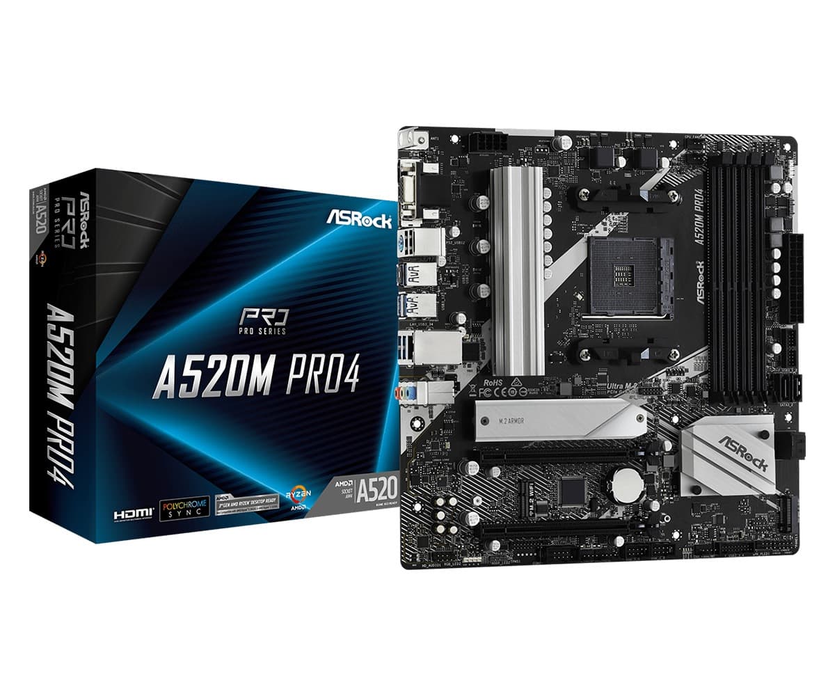 PLACA de BAZA Asrock "A520M PRO4", skt AM4, mATX, AMD A520, 4 x DDR4, max. 128 GB, 4 x SATA, 2 x M.2, 7.1, "A520M PRO4" — miniatură