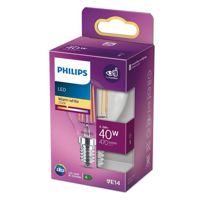 BEC LED Philips, soclu E14, putere 4.3W, forma clasic, lumina alb calda, alimentare 220 - 240 V, "000008718699763152" — miniatură
