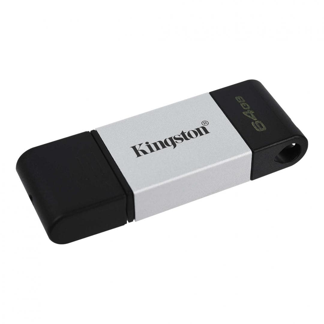 MEMORIE USB Type-C KINGSTON 64 GB, cu capac, carcasa metalic &amp; plastic, negru / argintiu, "DT80/64GB"