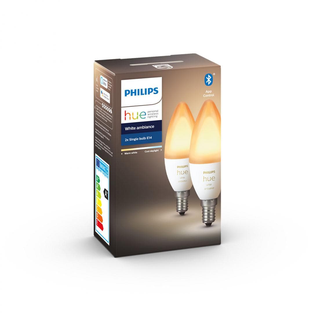 SET 2 becuri smart LED Philips, soclu E14, putere 5.2W, forma lumanare, lumina toate nuantele de alb, alimentare 220 - 240 V, "000008718699726355" — miniatură