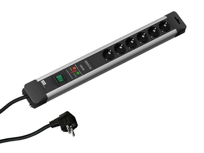 PRELUNGITOR Bachmann, Schuko x 6, conectare prin Schuko (T), cablu 2 m, protectie supratensiune | protectie copii, negru | argintiu, "330.105"