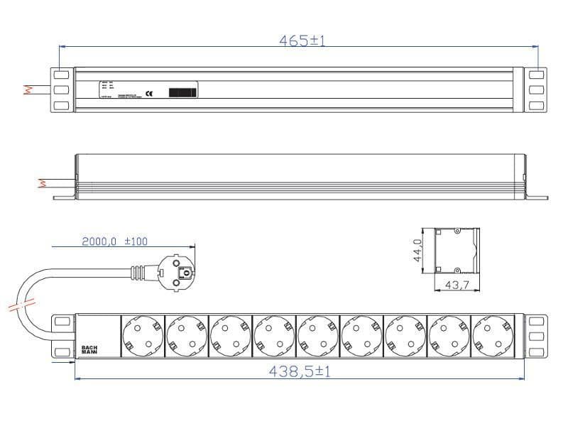 PDU BACHMANN, 1U pt. rack 19 inch, 9 prize Schuko, intrare Schuko, max 16 A, cablu 2 m, gri, "333.401" — miniatură