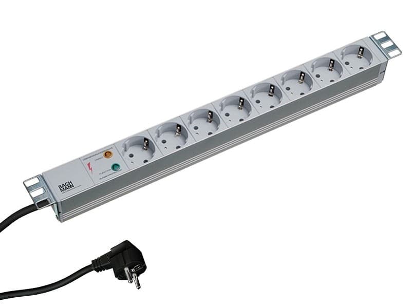 PDU BACHMANN, 1U pt. rack 19 inch, 8 prize Schuko, intrare Schuko, max 16 A, cablu 2 m, gri, "333.404"
