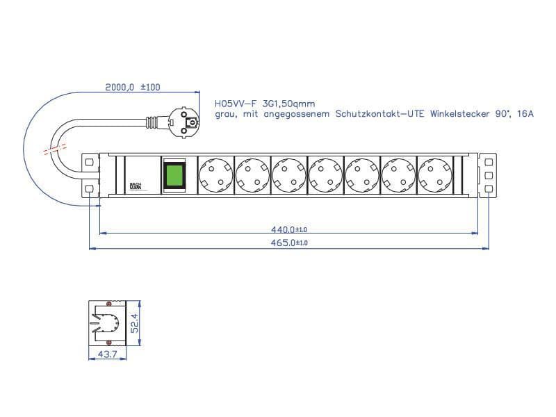 PDU BACHMANN, 1.5U pt. rack 19 inch, 7 prize Schuko, intrare Schuko, max 10 A, cablu 2 m, gri, "333.600" — miniatură