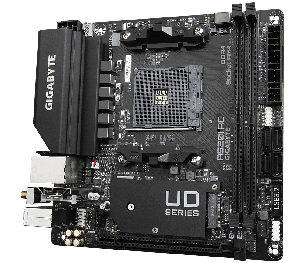 PLACA de BAZA Gigabyte "A520I AC", skt AM4, mini ITX, AMD A520, 2 x DDR4, max. 64 GB, 4 x SATA, 1 x M.2, 7.1, "A520I AC" — miniatură