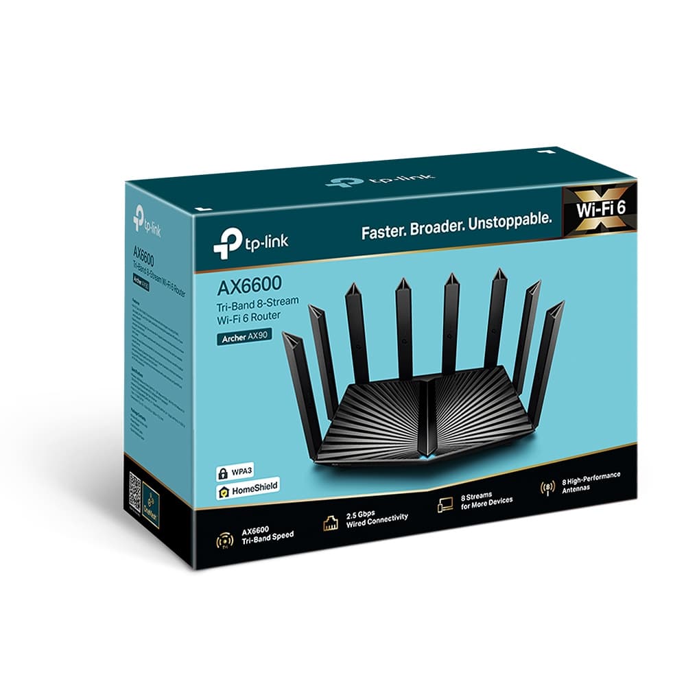 ROUTER TP-LINK wireless 6600Mbps,1 x 2.5 Gbps WAN/LAN, 1 x 1 Gbps WAN/LAN, 3 x Gigabit LAN si 2 x USB, 2.4 Ghz/5 Ghz dual band, 8 antene externe, WI-FI 6 "Archer AX90" — miniatură