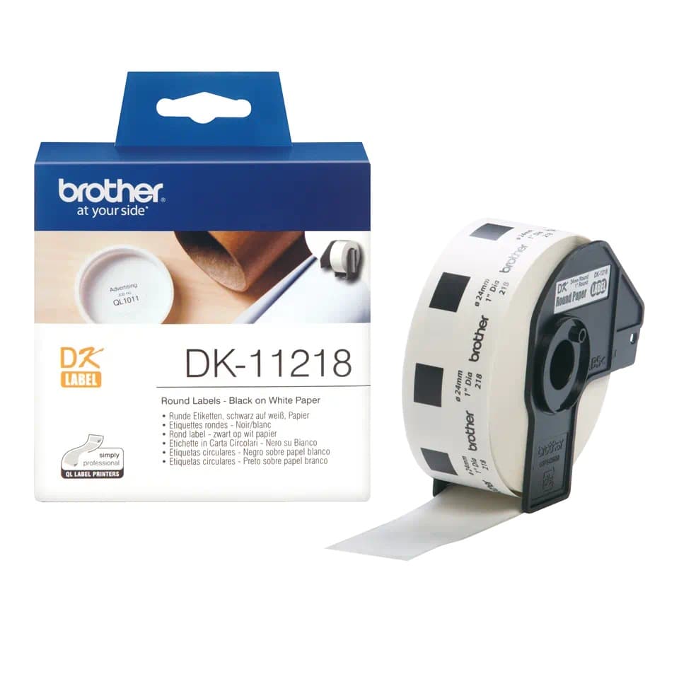 Etichete de hartie Original Brother Black on White, DK11218, pentru P-TOUCH QL-1100|QL-800|QL-810|QL-1050|QL-1060|QL-500|QL-560|QL-570|QL-580|QL-650|QL-700, Rotunde 24mm, 1000buc, incl.TV 0 RON, "DK11218"