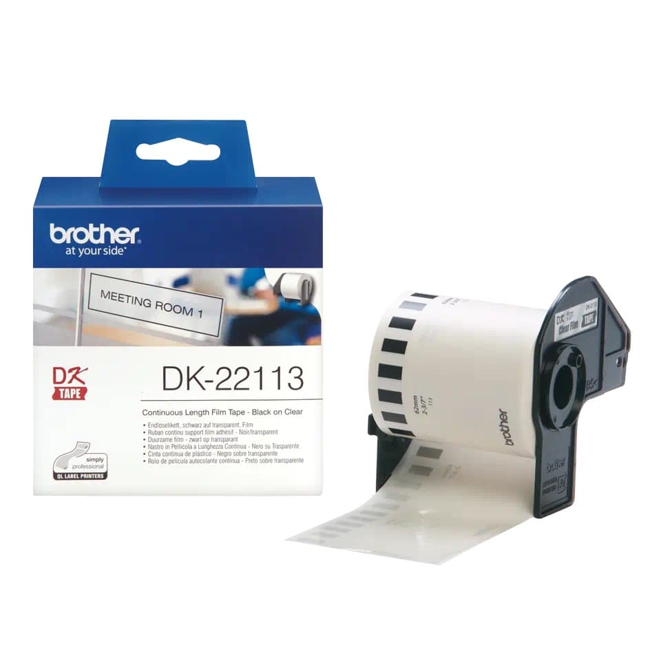 Banda Continua Hartie Original Brother Black on Clear, DK22113, pentru P-TOUCH QL-1100|QL-800|QL-810|QL-1050|QL-1060|QL-500|QL-560|QL-570|QL-580|QL-650|QL-700, 62x15mm, 24m, incl.TV 0 RON, "DK22113"