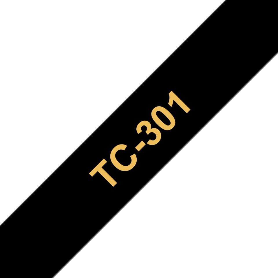 Banda laminata Original Brother Gold on Black, TC301, pentru E105|E110|H100|H101|H105|H110|H111|P300|128|200|1000|1010|1090|1100|1120|1130|1160|1170|1180|1190|1200|1230|1280|1290|6100|7100|ST1150, 12mm, incl.TV 0 RON, "TC301"