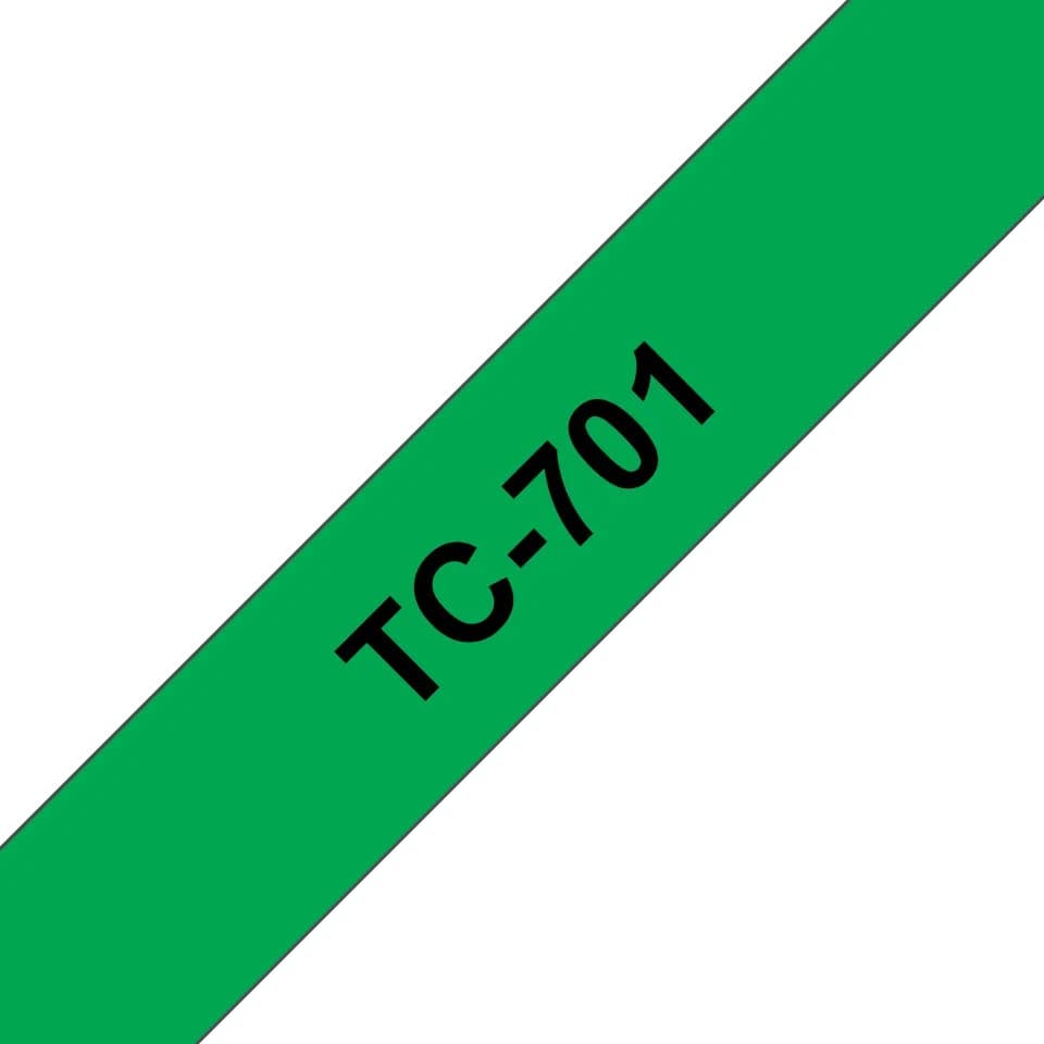 Banda laminata Original Brother Black on Green, TC701, pentru E105|E110|H100|H101|H105|H110|H111|P300|128|200|1000|1010|1090|1100|1120|1130|1160|1170|1180|1190|1200|1230|1280|1290|6100|7100|ST1150, 12mm, incl.TV 0 RON, "TC701"